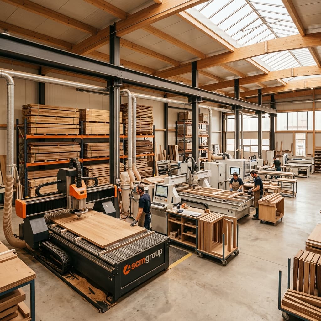 Interior da fábrica com maquinário CNC automatizado